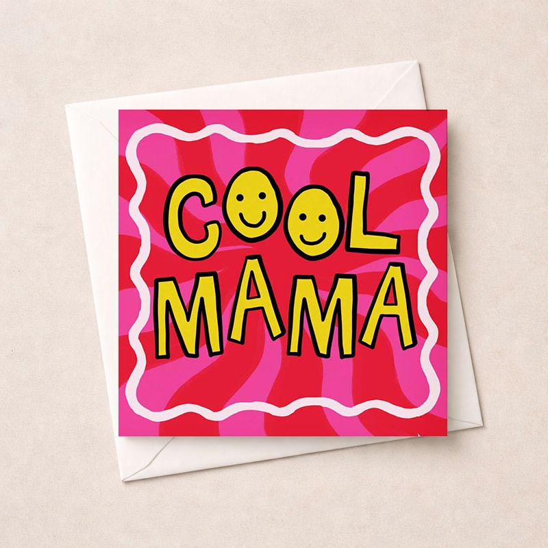 Bright pink greetings card with bold "cool mama" text, perfect for stylish mums of all ages.