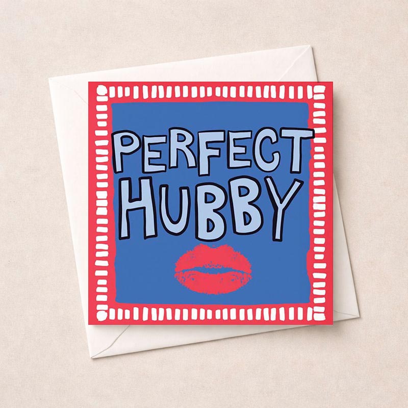 Bright red and blue square greetings card with "PERFECT HUBBY" - a stylish way to show love and appreciation to your husband.