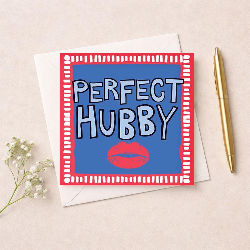 Bright red and blue square greetings card with "PERFECT HUBBY" - a stylish way to show love and appreciation to your husband.