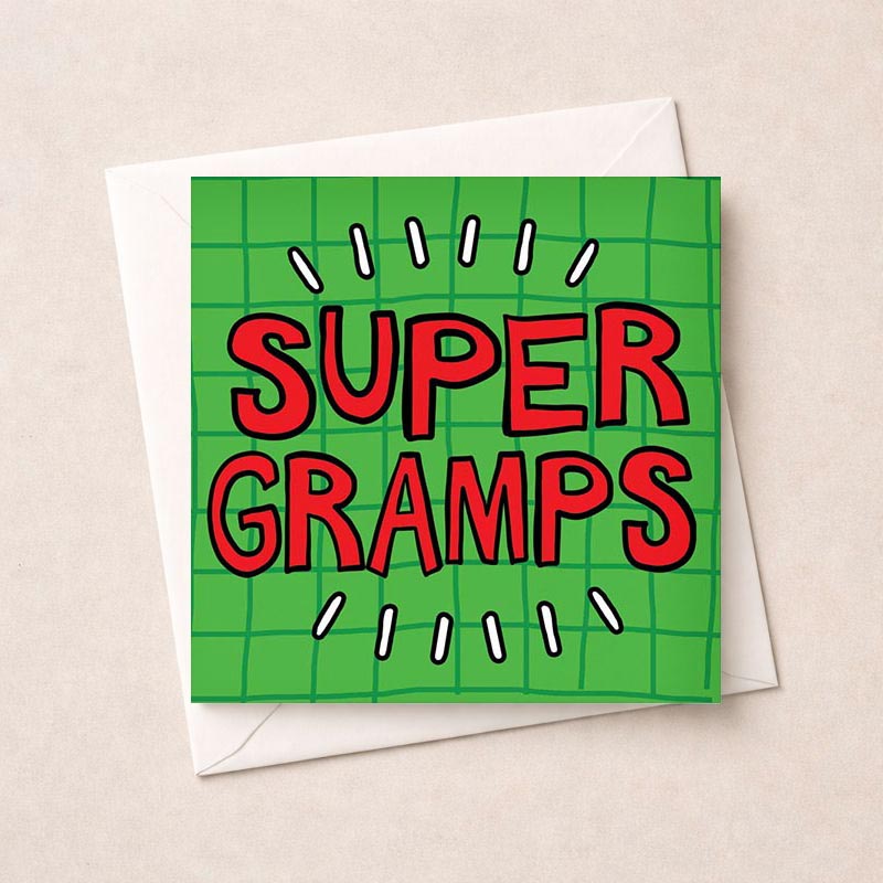 Bright green card with "SUPER GRAMPS" in red and black text, perfect for superhero grandpas.