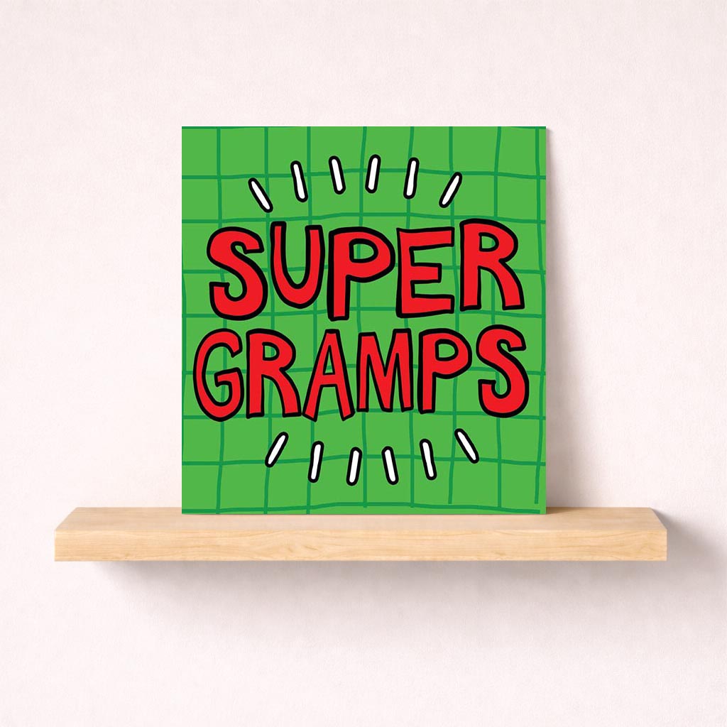 Bright green card with "SUPER GRAMPS" in red and black text, perfect for superhero grandpas.
