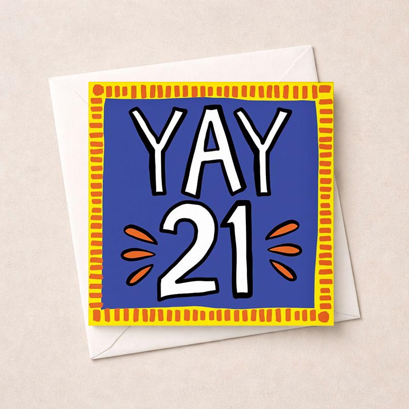 Cheerful card with yellow border and "YAY 21" in playful font, perfect for celebrating a milestone birthday.