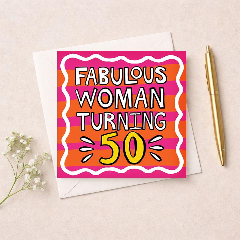 Vibrant greetings card for a fabulous woman turning 50, with bold message and playful design. Ideal for celebrating in style.