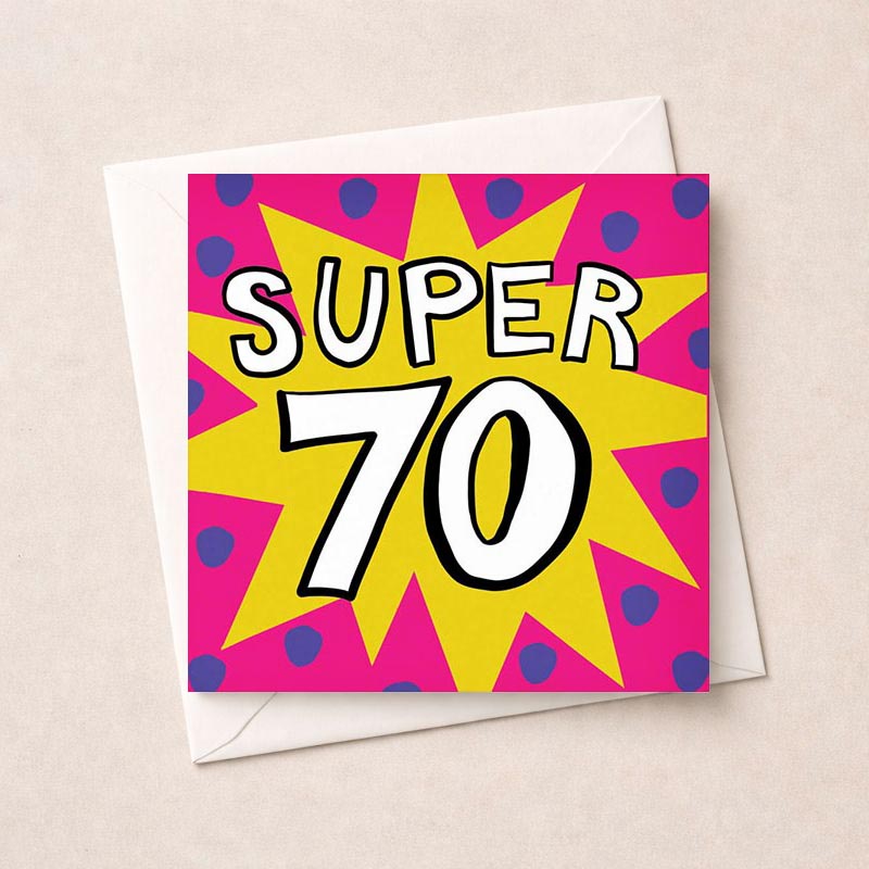 Bright pink card with yellow star, "SUPER 70" in center. Perfect for a 70th birthday celebration.