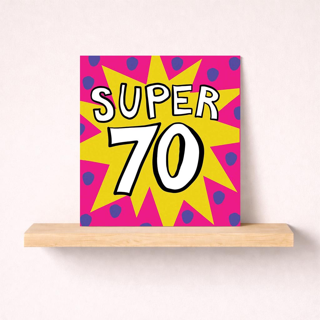 Bright pink card with yellow star, "SUPER 70" in center. Perfect for a 70th birthday celebration.
