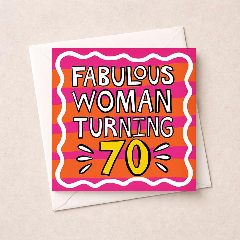 Vibrant greetings card for a fabulous woman turning 70, with bold text on pink background. Ideal for celebrating a special lady.