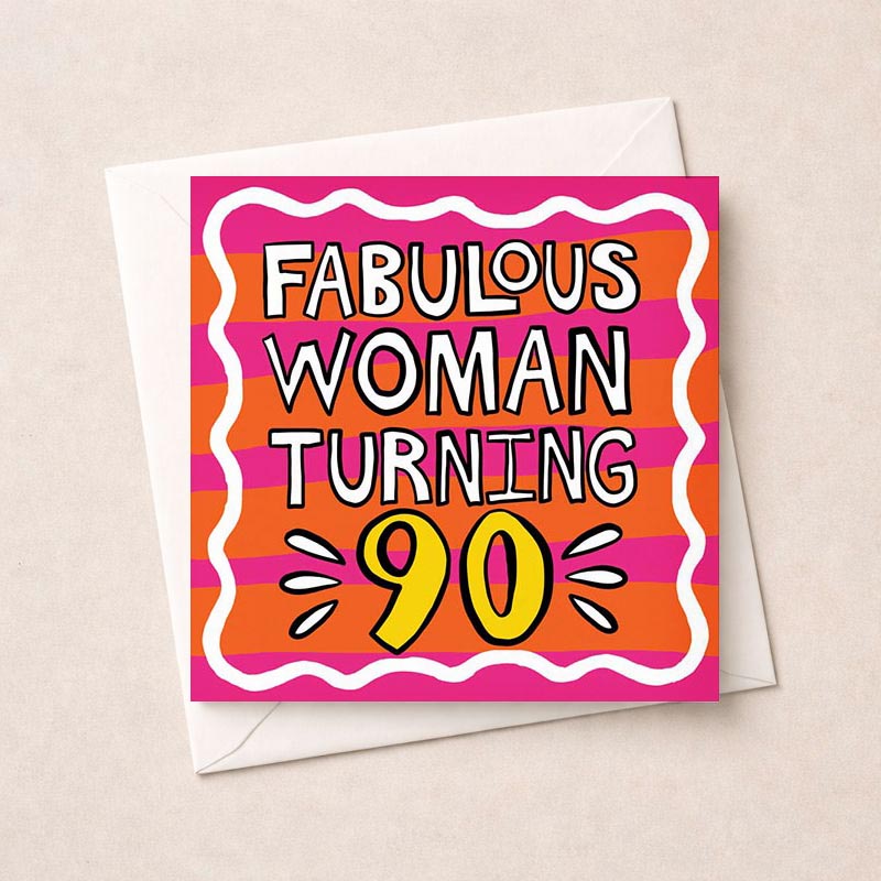 Vibrant pink greetings card for a fabulous woman turning 90, perfect for bold, confident, and full of life individuals.