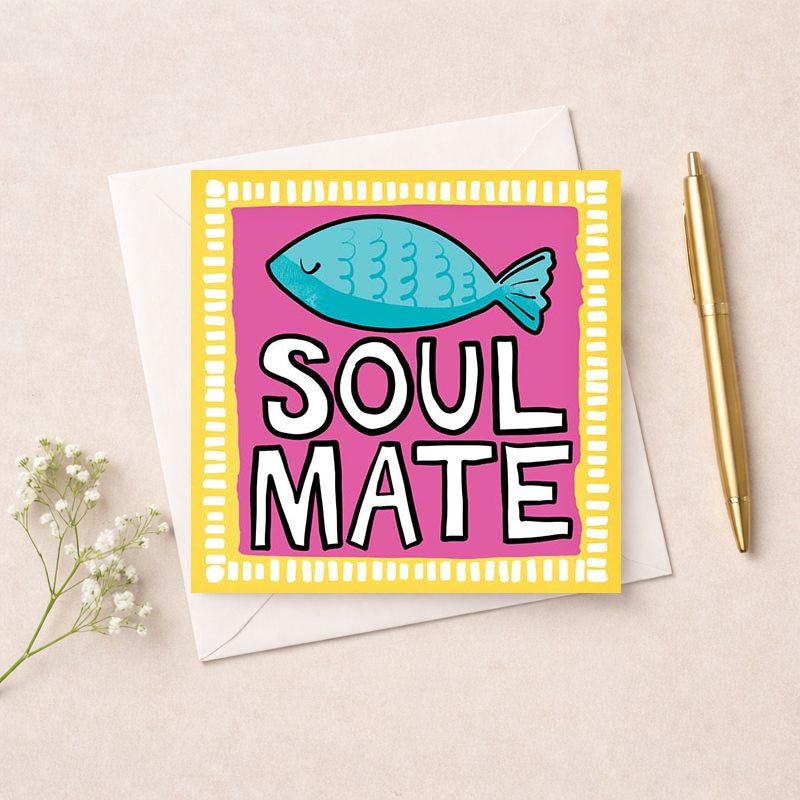 Colorful fish design with "Soul Mate" text, perfect for expressing love and affection. Vibrant and heartfelt greetings card.