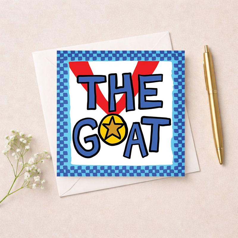 A charming greetings card with "THE GOAT" sign, star, and ribbon, exuding patriotism with "I love America" phrase and red, white, blue colors. Ideal for animal lovers, patriots, or those who enjoy whimsy in greetings. Eye-catching and cheerful design for spreading joy. Great for someone special.