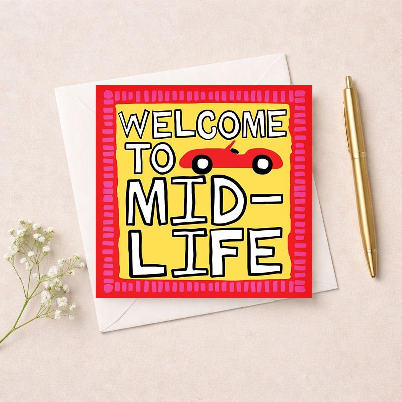Bright and cheerful mid-life greetings card with red car, perfect for celebrating new beginnings and possibilities.