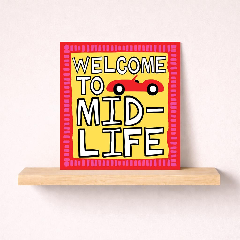 Bright and cheerful mid-life greetings card with red car, perfect for celebrating new beginnings and possibilities.