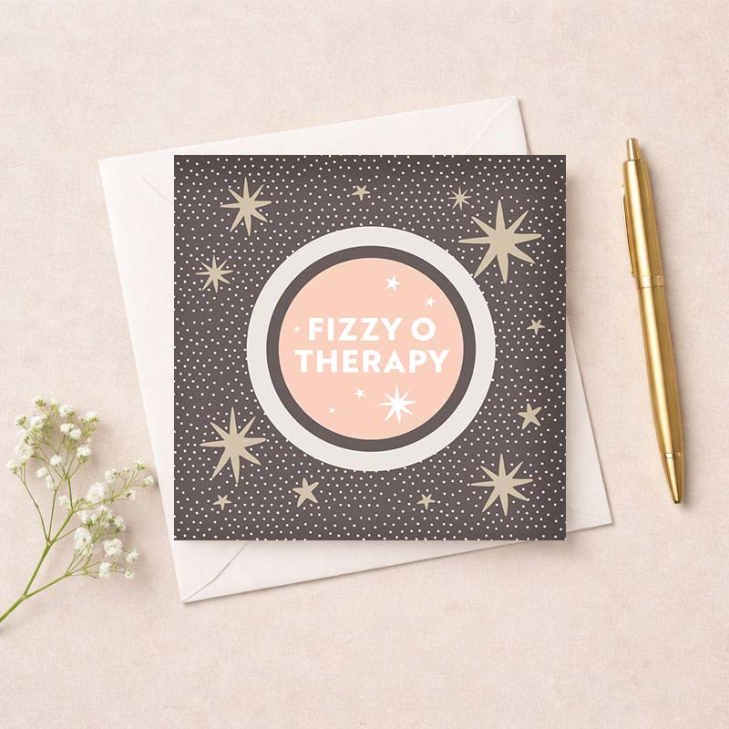 Cheerful pink circle card with "FIZZY O THERAPY" text, stars, and soothing colors, perfect for a pick-me-up or self-care reminder.