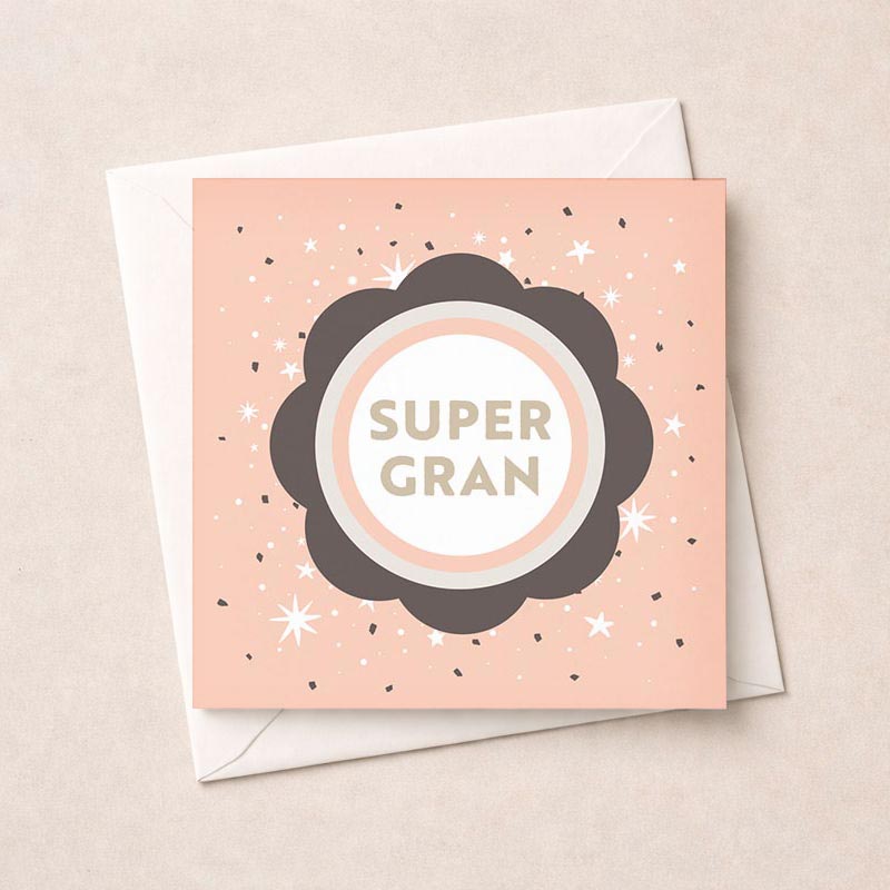 Pink greetings card with white circle, star, and "SUPER GRAN" in elegant design. Perfect for showing appreciation to grandmothers.