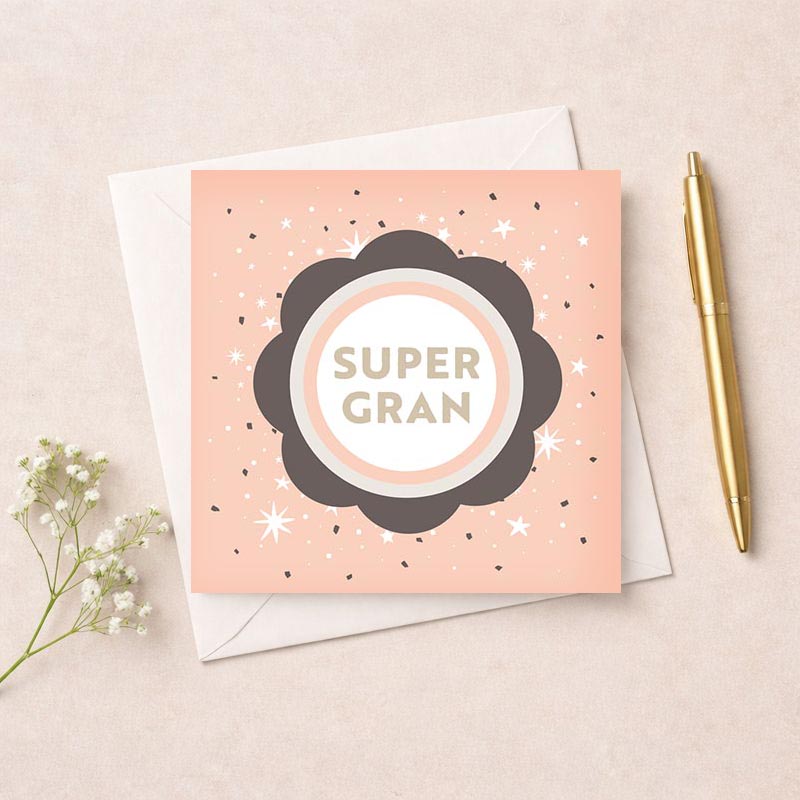 Pink greetings card with white circle, star, and "SUPER GRAN" in elegant design. Perfect for showing appreciation to grandmothers.