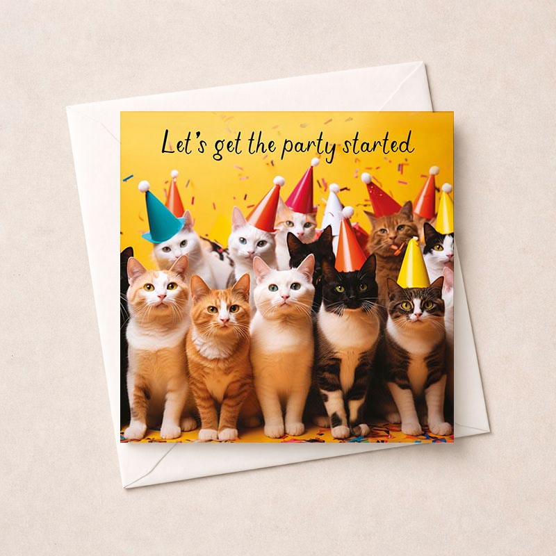 Charming greetings card with cats in party hats, perfect for cat lovers of all ages.