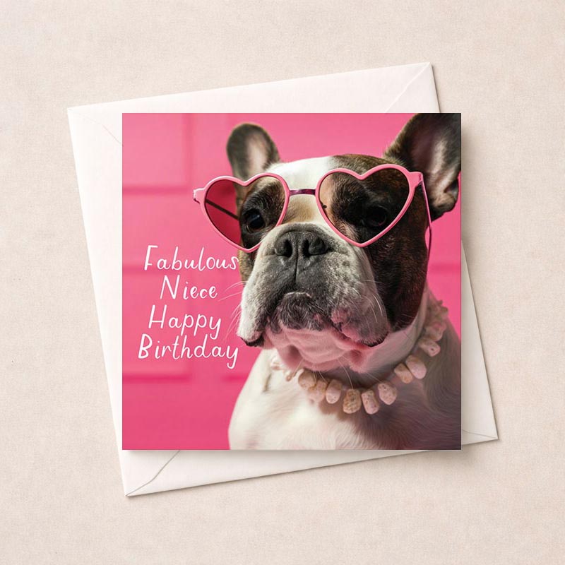 A cute dog in heart sunglasses on pink background greetings card. Perfect for birthdays or thank you messages. Vibrant and playful design.