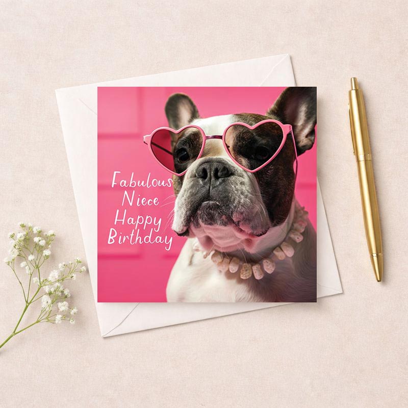 A cute dog in heart sunglasses on pink background greetings card. Perfect for birthdays or thank you messages. Vibrant and playful design.