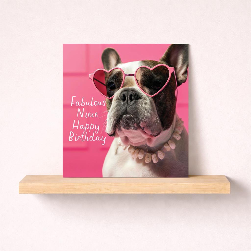 A cute dog in heart sunglasses on pink background greetings card. Perfect for birthdays or thank you messages. Vibrant and playful design.