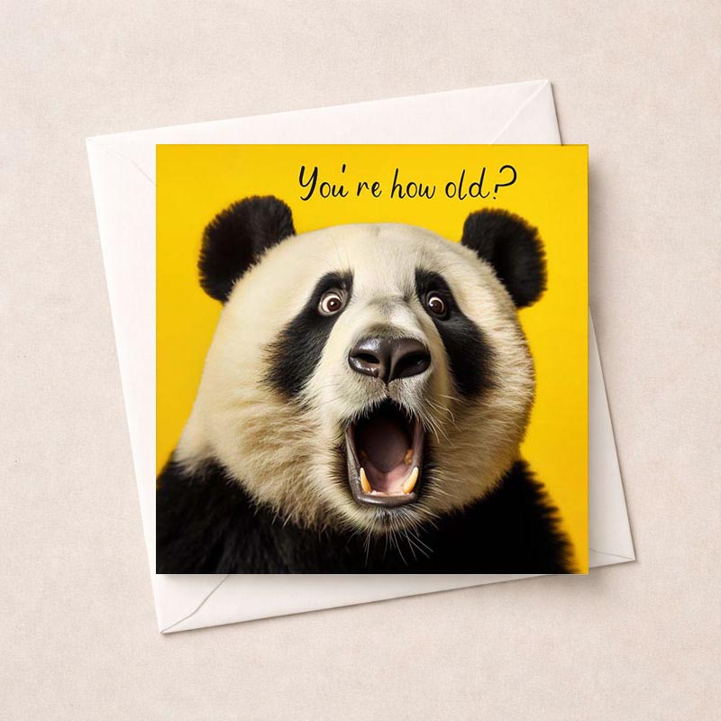 Cheerful greetings card with playful panda on yellow background. Perfect for birthdays or spreading joy and laughter.
