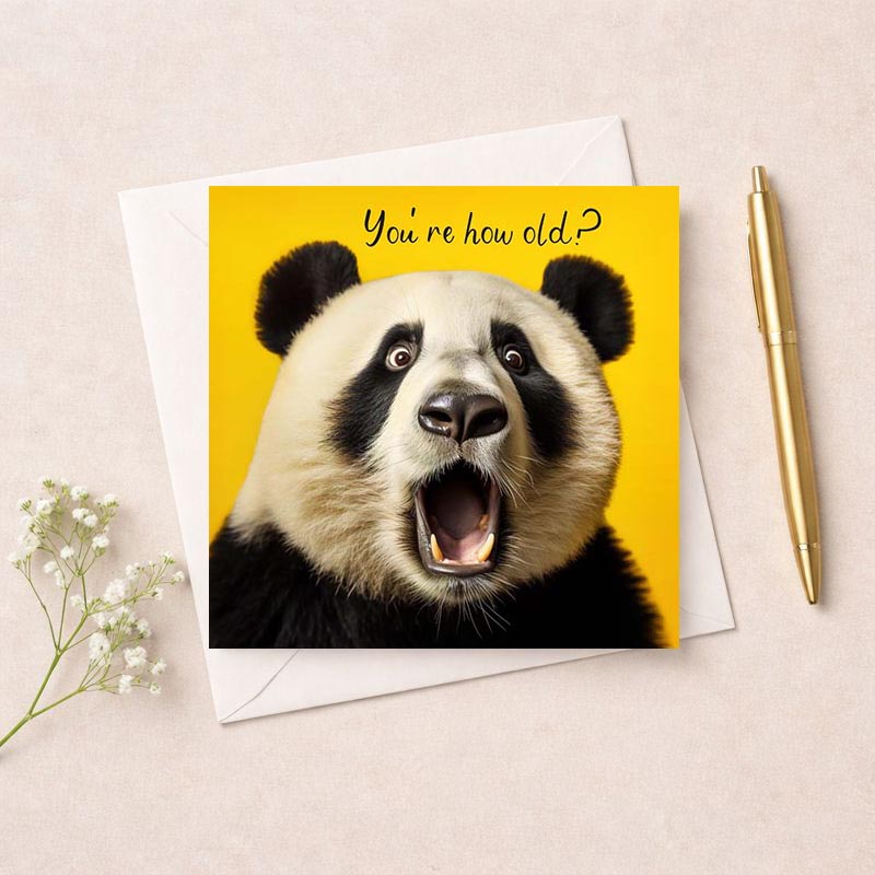 Cheerful greetings card with playful panda on yellow background. Perfect for birthdays or spreading joy and laughter.