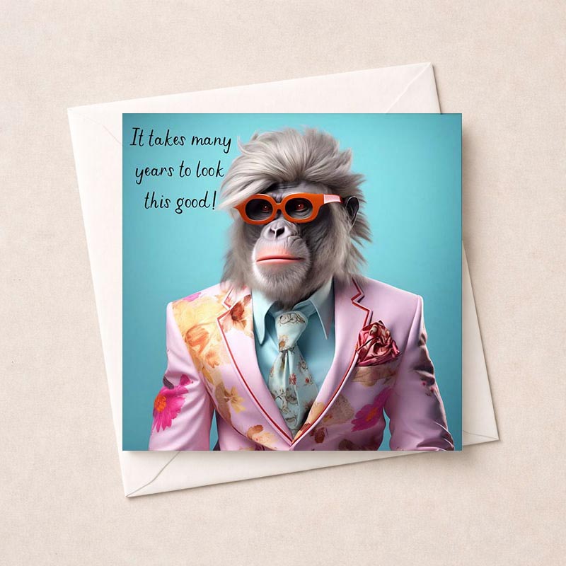 Funky monkey in suit and shades with fun quote - perfect for spreading joy and making someone smile! Brighten their day with this cool greetings card.