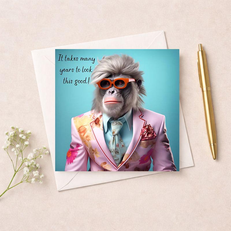 Funky monkey in suit and shades with fun quote - perfect for spreading joy and making someone smile! Brighten their day with this cool greetings card.