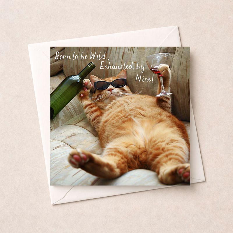 greetings card featuring a cool cat with a wine glass, perfect for cat lovers and wine enthusiasts. Ideal for birthdays, well wishes, or just saying hello.
