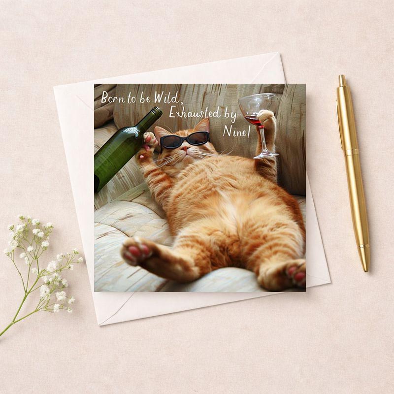 greetings card featuring a cool cat with a wine glass, perfect for cat lovers and wine enthusiasts. Ideal for birthdays, well wishes, or just saying hello.