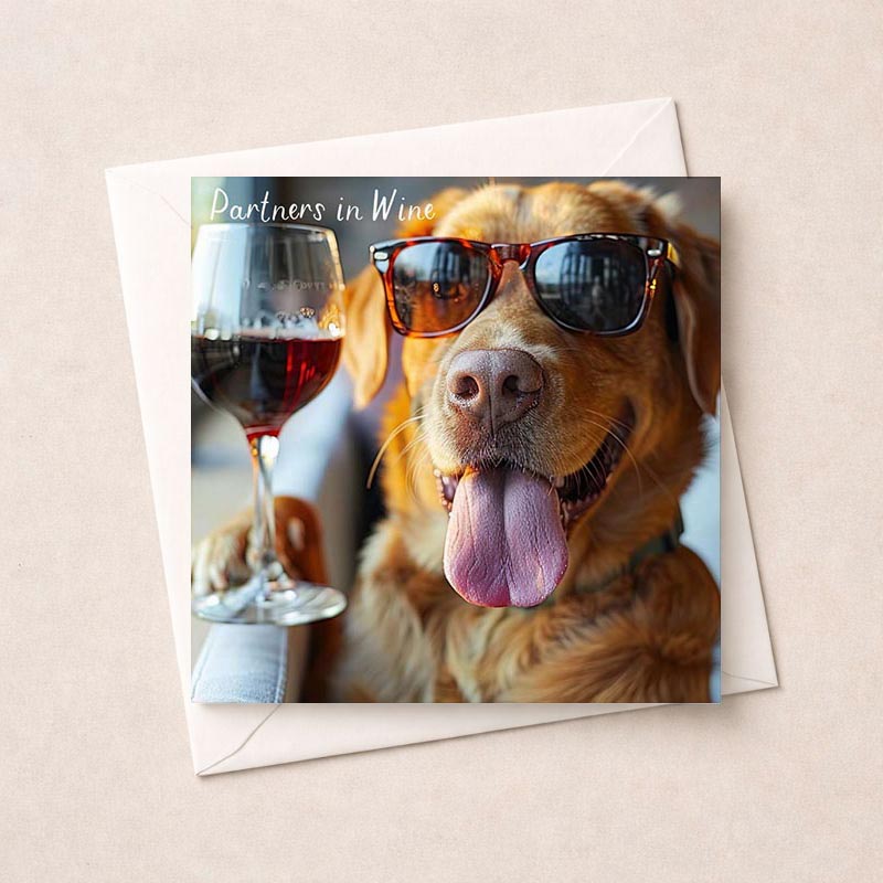 Fun greetings card featuring a cool dog with sunglasses and a wine glass, perfect for spreading cheer and bringing smiles. Ideal for friends who love a good laugh. Great for birthdays, celebrations, or just to say hello. Spread some tail-wagging joy!