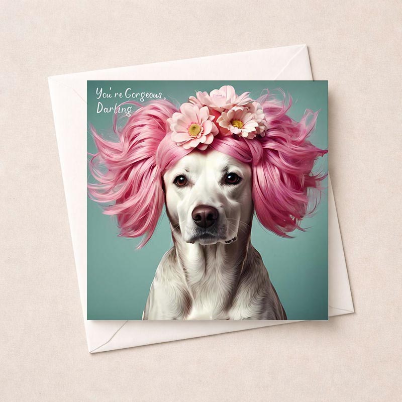 Charming greetings card with cute dog and pink hair, perfect for spreading joy and cheer. Ideal for birthdays or just because.