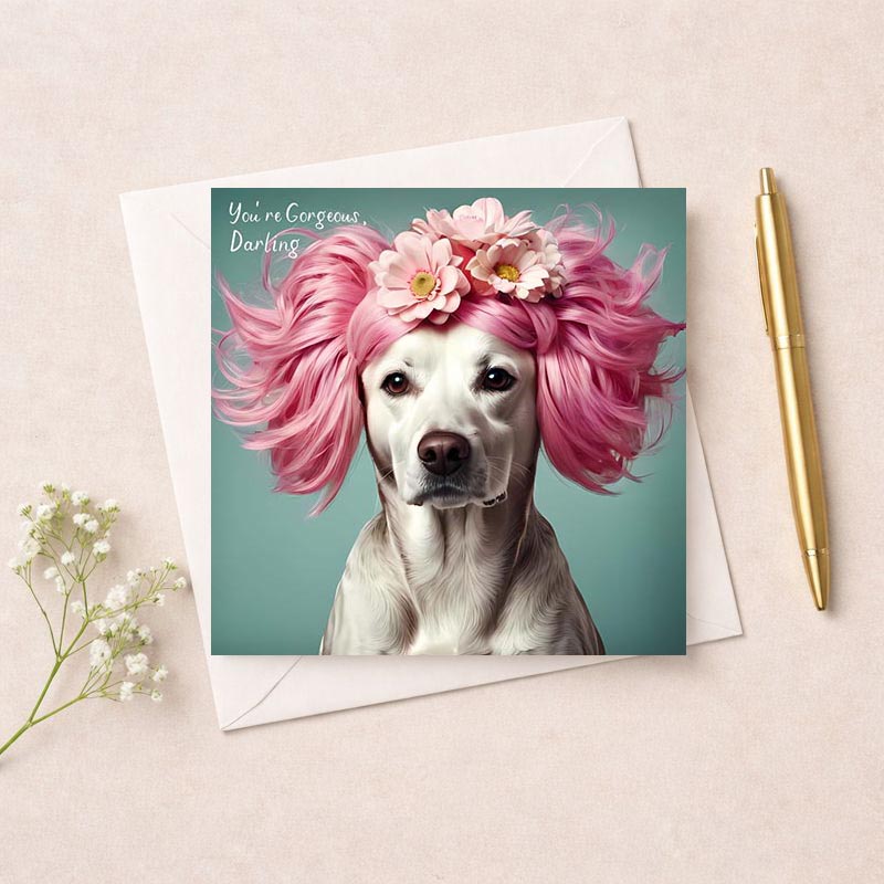 Charming greetings card with cute dog and pink hair, perfect for spreading joy and cheer. Ideal for birthdays or just because.