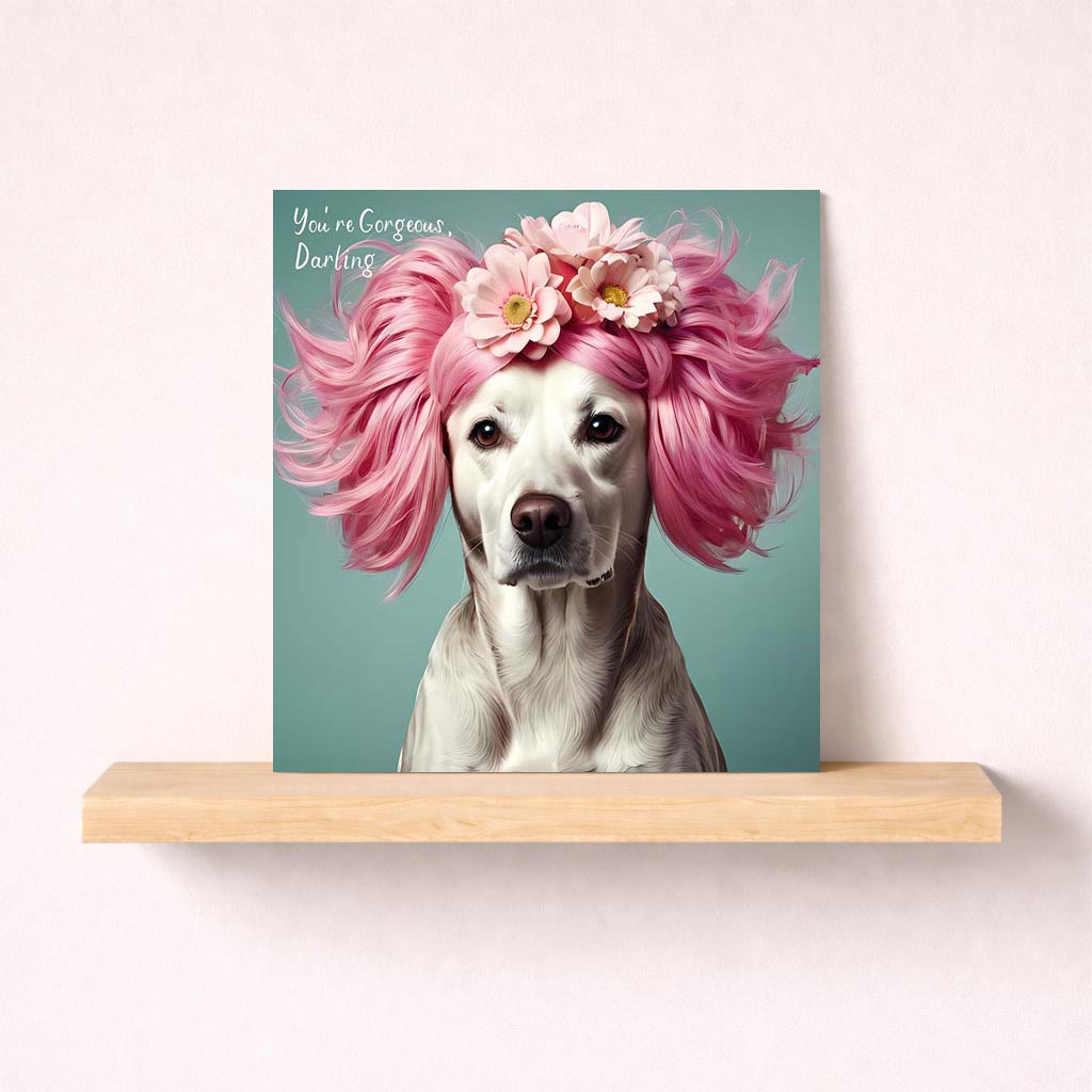 Charming greetings card with cute dog and pink hair, perfect for spreading joy and cheer. Ideal for birthdays or just because.