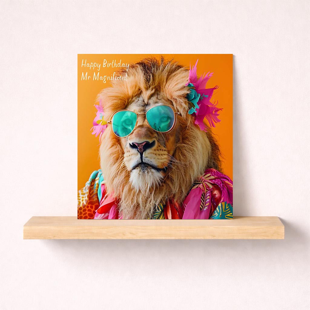 A fun greetings card with a lion wearing sunglasses and a flower crown. Perfect for birthdays or just because! Bright and playful design.