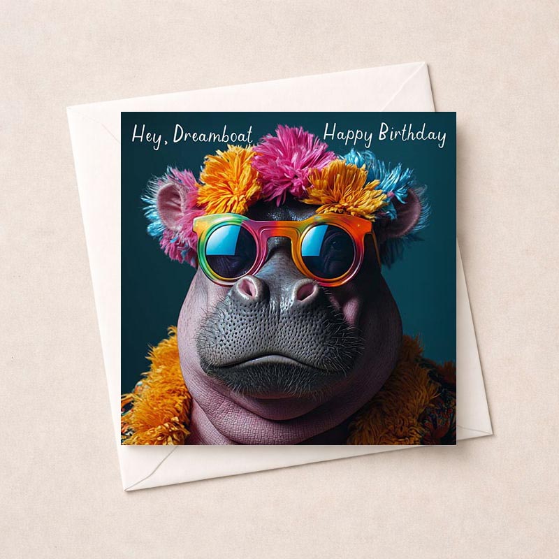 Groovy hippie card with colourful shades and funky hat, perfect for spreading retro charm and good vibes.