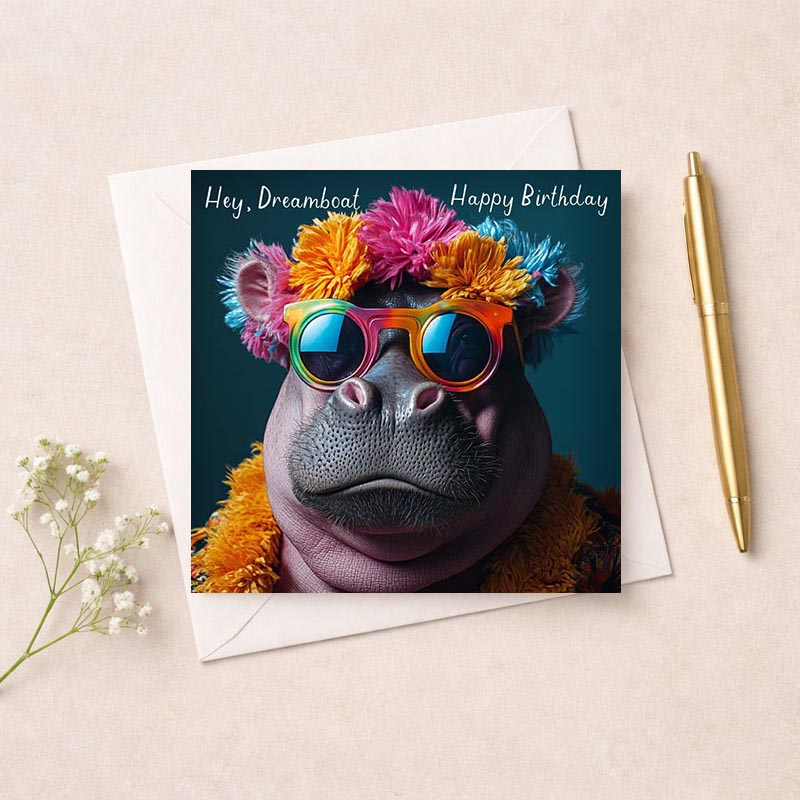 Groovy hippie card with colourful shades and funky hat, perfect for spreading retro charm and good vibes.
