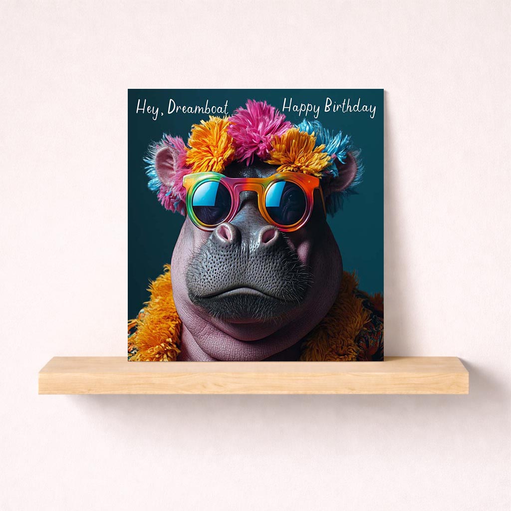 Groovy hippie card with colourful shades and funky hat, perfect for spreading retro charm and good vibes.