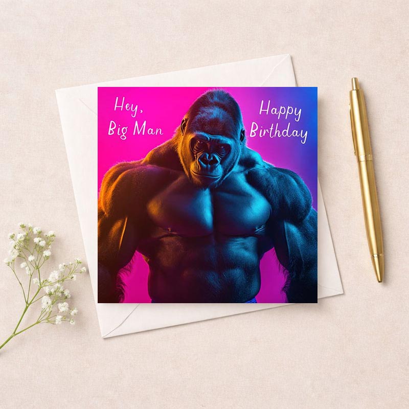 Cheerful gorilla birthday greetings card, vibrant design for animal lovers, kids, or anyone who loves whimsy. Brighten their day with this cute card!