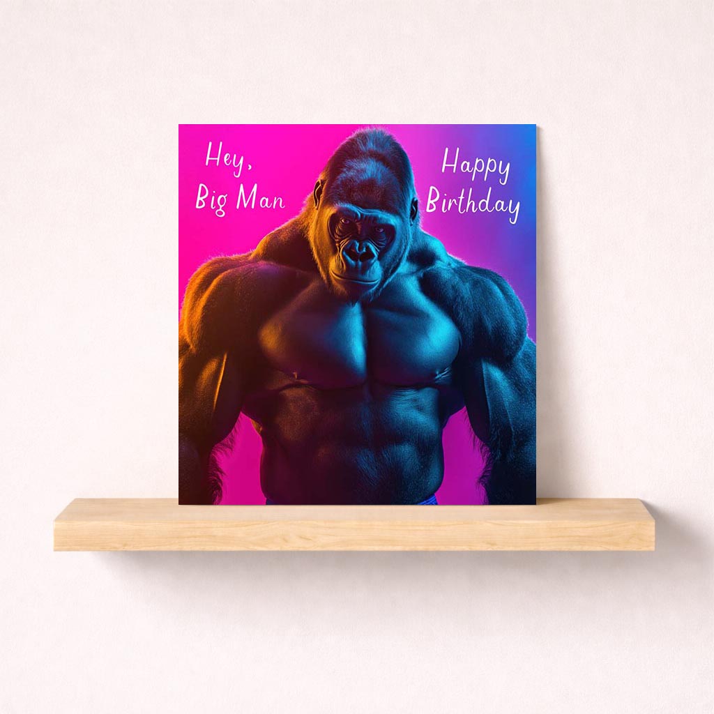 Cheerful gorilla birthday greetings card, vibrant design for animal lovers, kids, or anyone who loves whimsy. Brighten their day with this cute card!
