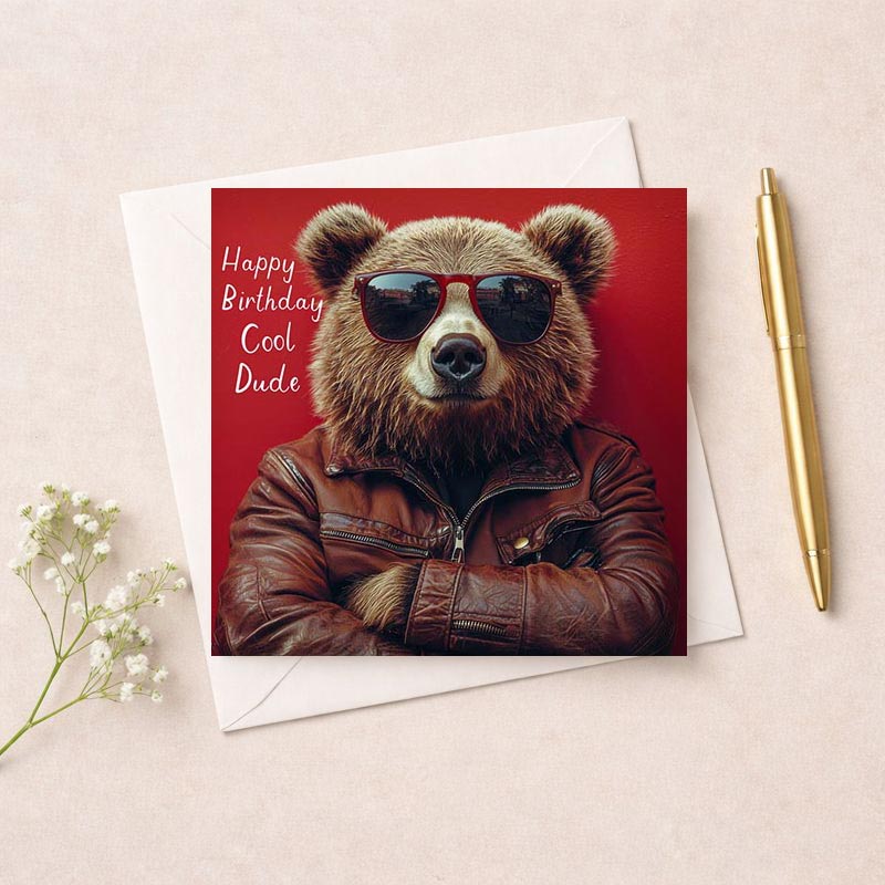 Quirky bear in sunglasses and leather jacket card: add cool vibes to your greetings!