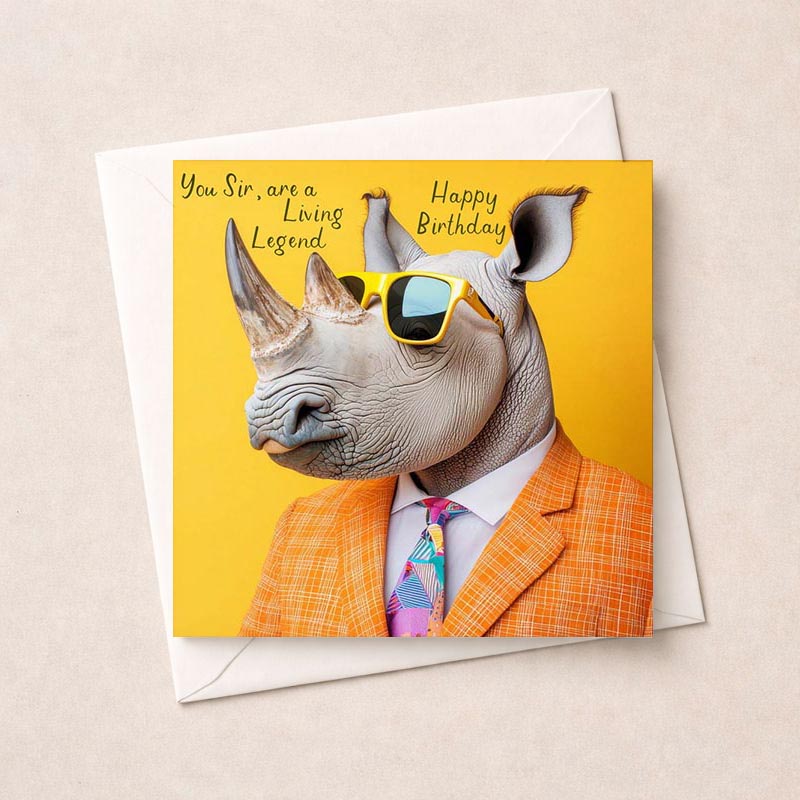Quirky birthday card with rhino in sunglasses and suit, perfect for a good laugh. Vibrant colours and playful design.