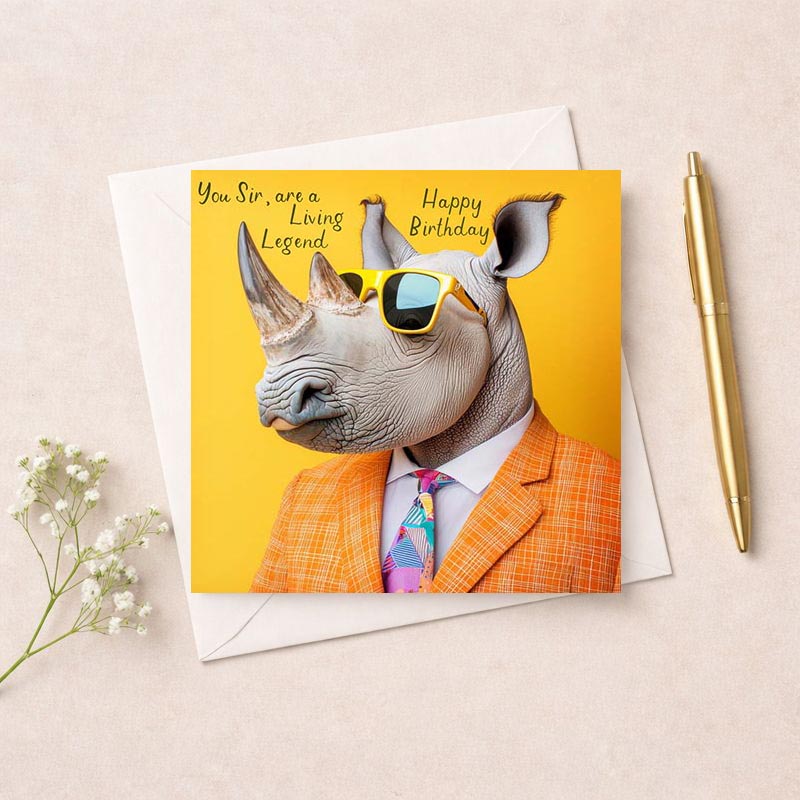 Quirky birthday card with rhino in sunglasses and suit, perfect for a good laugh. Vibrant colours and playful design.