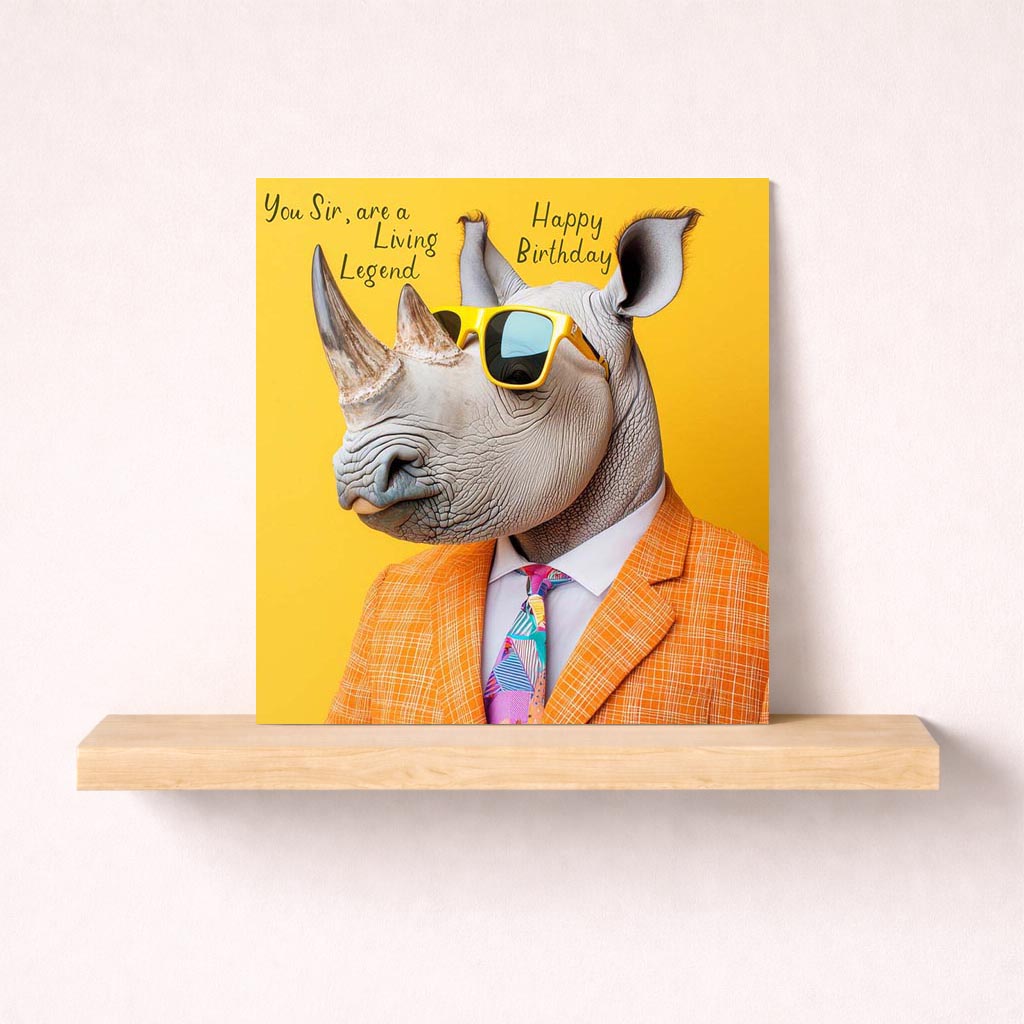 Quirky birthday card with rhino in sunglasses and suit, perfect for a good laugh. Vibrant colours and playful design.
