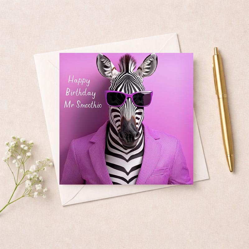 Charming zebra in suit and sunglasses birthday greetings card. Perfect for animal lovers or playful style. Eye-catching and unique.