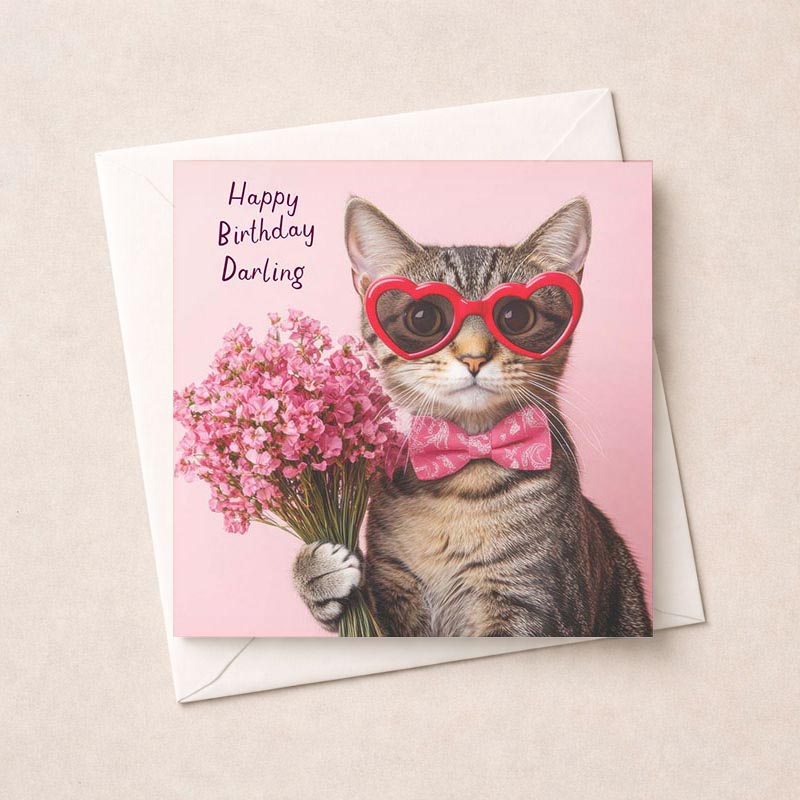 Cheerful cat in heart glasses with flowers on cute greetings card. Brighten someone's day!