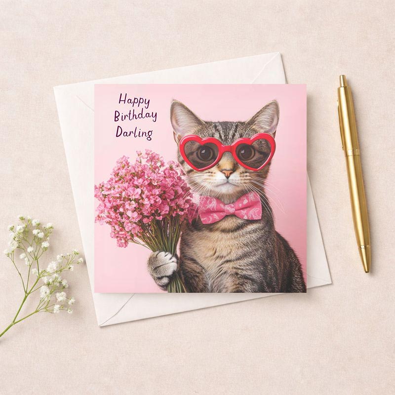 Cheerful cat in heart glasses with flowers on cute greetings card. Brighten someone's day!