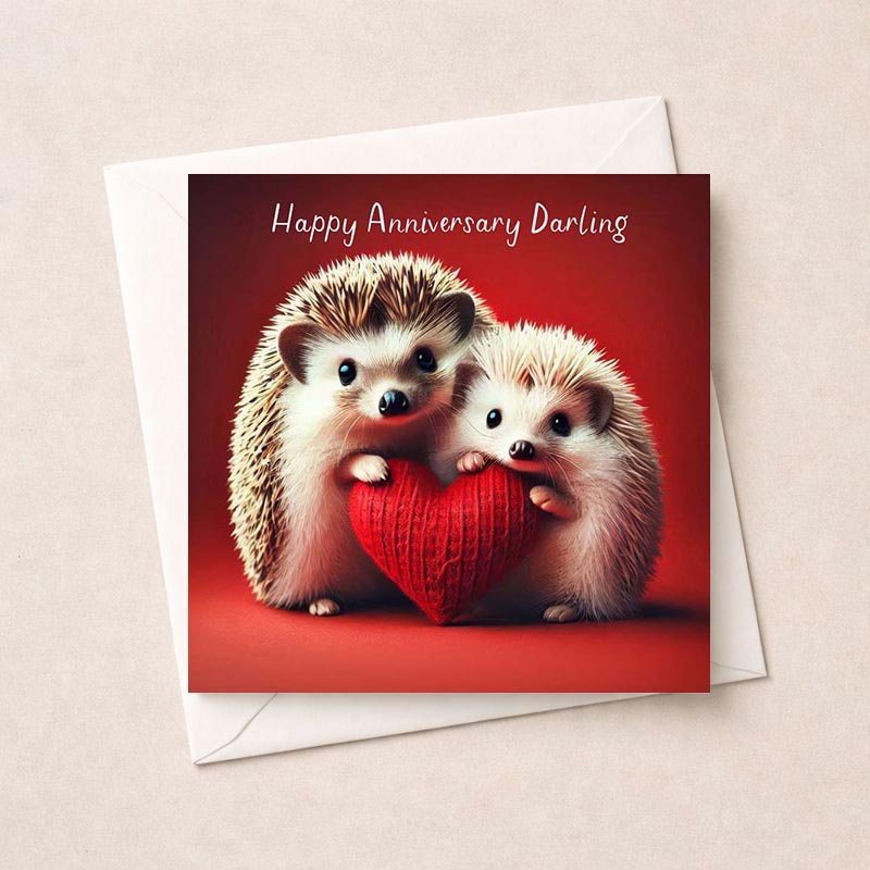 Adorable hedgehog love card: "Happy Anniversary Darling." Perfect for celebrating love and spreading joy.