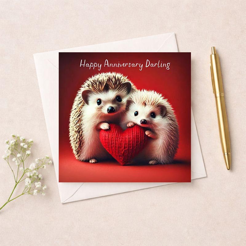 Adorable hedgehog love card: "Happy Anniversary Darling." Perfect for celebrating love and spreading joy.