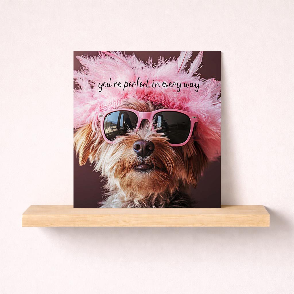 Cheerful greetings card with a dog in sunglasses and a pink hat, guaranteed to bring a smile! Perfect for birthdays or just to say hello.