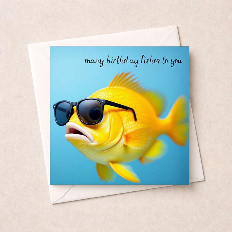 Quirky fish in sunglasses birthday greetings card.