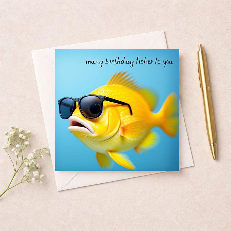 Quirky fish in sunglasses birthday greetings card.